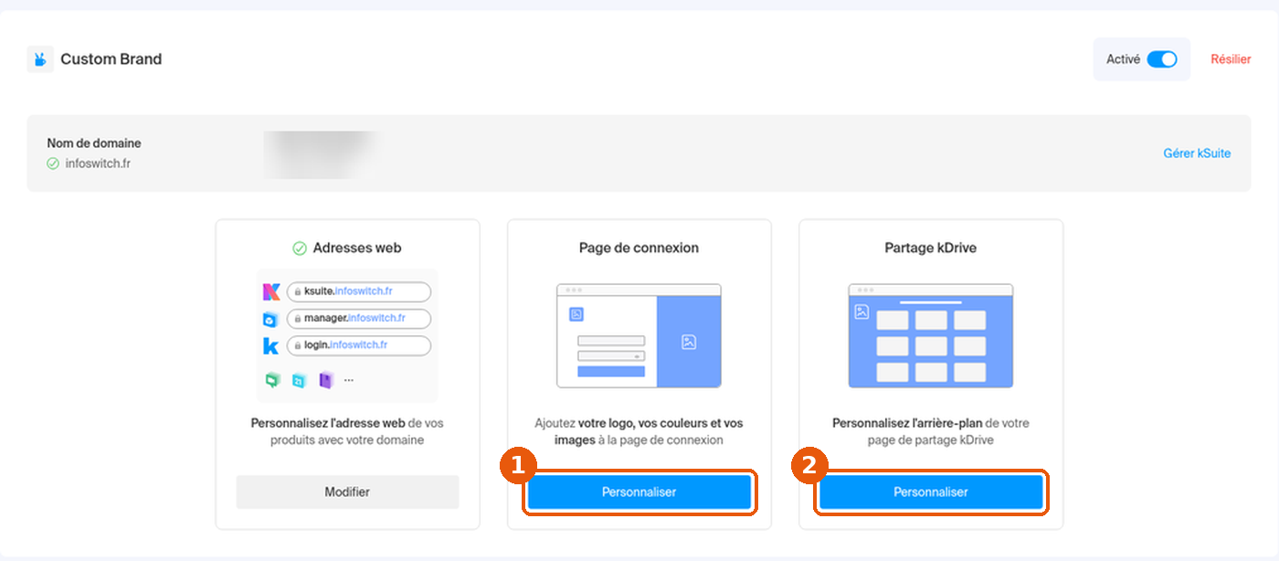 Bloc Custom Brand activé : boutons Personnaliser des cartes Page de connexion et Partage kDrive encadrés