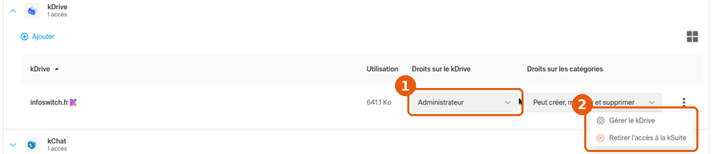 Fiche utilisateur › kDrive : liste Droits sur le kDrive et menu Gérer le kDrive, Retirer l'accès à la kSuite encadrés