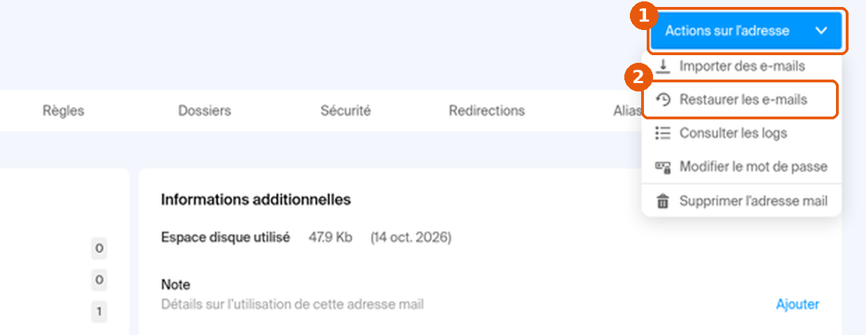 Service Mail › adresse : menu Actions sur l'adresse ouvert, entrée Restaurer les e-mails encadrée