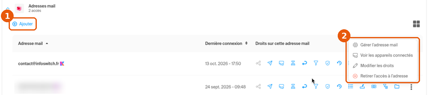 Fiche utilisateur › Adresses mail : bouton Ajouter et menu Gérer l'adresse mail, Voir les appareils connectés, Modifier les droits, Retirer l'accès à l'adresse encadrés