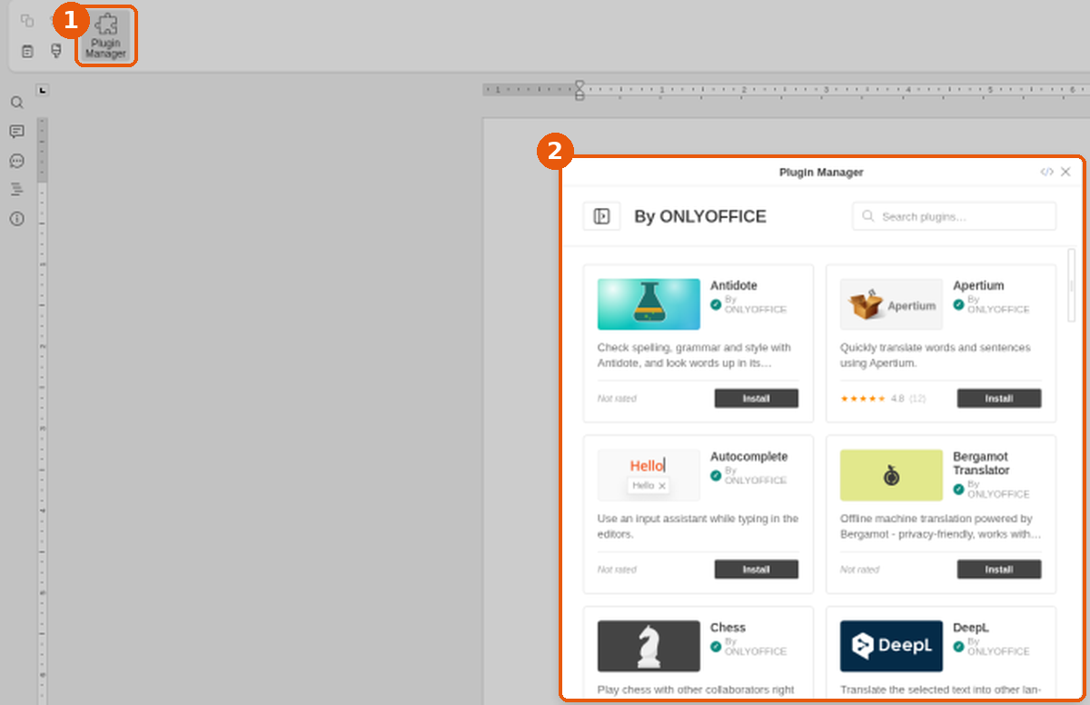 Bouton Plugin Manager (1) et catalogue des plugins (2) encadrés