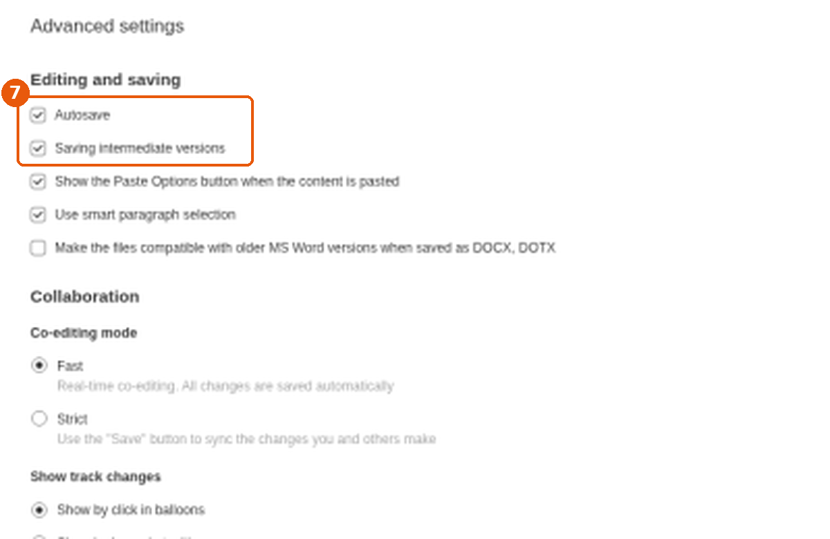 Paramètres avancés de l'éditeur avec Autosave et Saving intermediate versions encadrés (7)