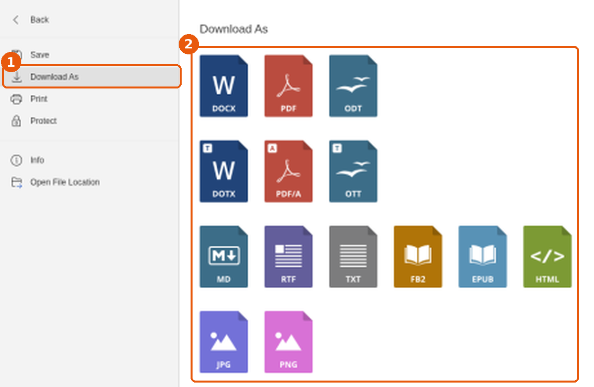 Menu File avec Download As (1) et grille des 14 formats d'export (2) encadrés