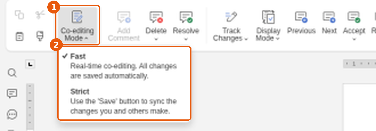 Bouton Co-editing Mode (1) et menu des modes Fast et Strict (2) encadrés