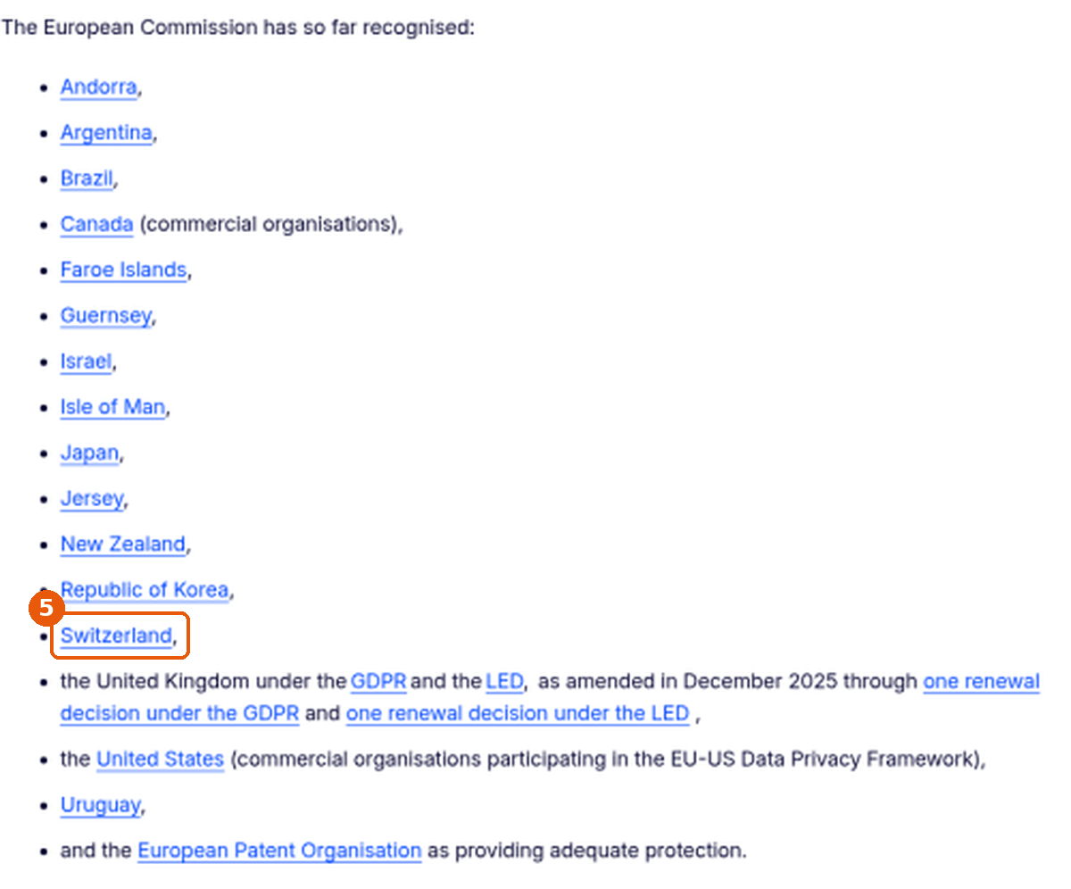 Liste des décisions d'adéquation de la Commission européenne avec Switzerland encadré