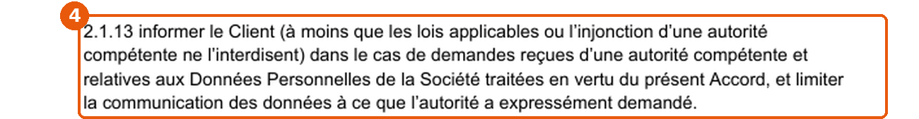 Article 2.1.13 du DPA Infomaniak sur l'information du client en cas de demande d'une autorité, encadré