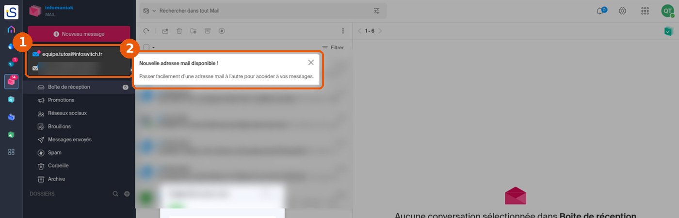 Infomaniak Mail de l'assistant : sélecteur d'adresses avec une deuxième adresse et message Nouvelle adresse mail disponible encadrés, messages floutés