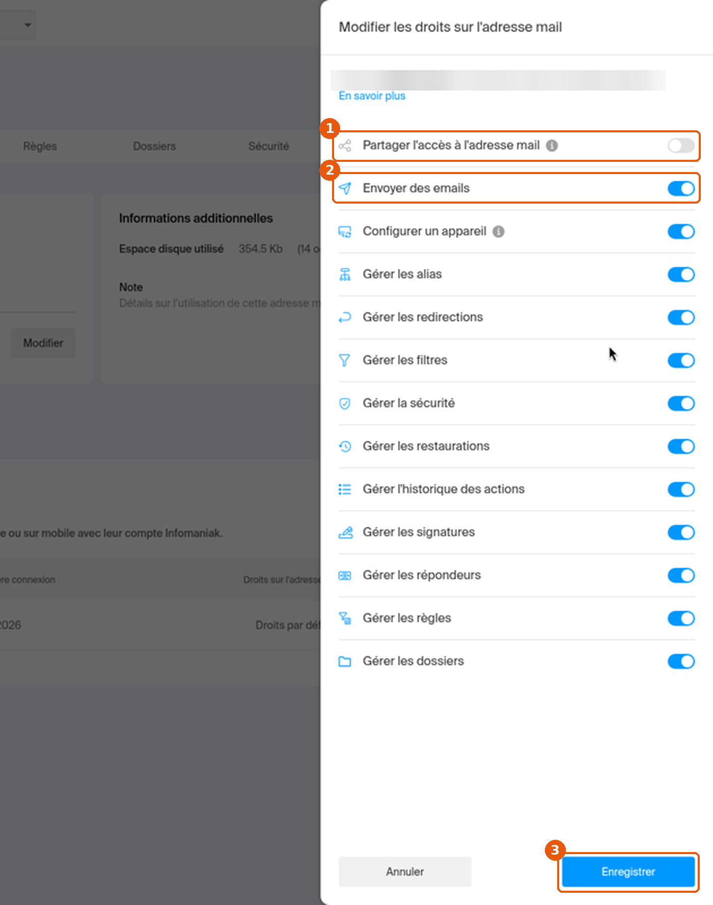 Panneau Modifier les droits sur l'adresse mail : Partager l'accès désactivé, Envoyer des emails activé et bouton Enregistrer encadrés