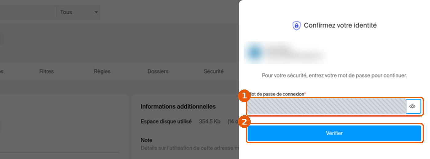 Panneau Confirmez votre identité : champ Mot de passe de connexion et bouton Vérifier encadrés, compte flouté
