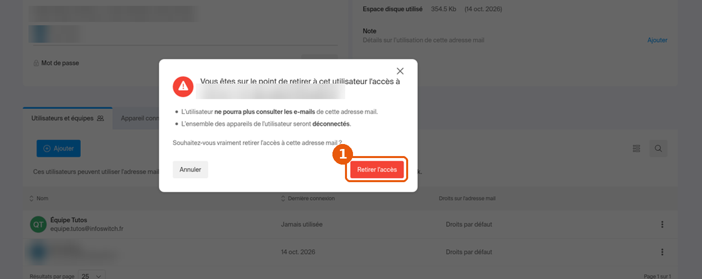 Fenêtre de confirmation de retrait d'accès avec le bouton rouge Retirer l'accès encadré, adresse floutée