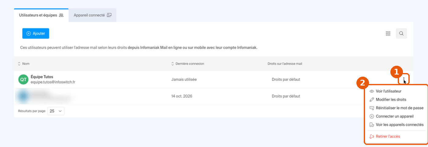 Menu ⋮ de la ligne de l'assistant ouvert : Voir l'utilisateur, Modifier les droits, Réinitialiser le mot de passe, Connecter un appareil, Voir les appareils connectés, Retirer l'accès