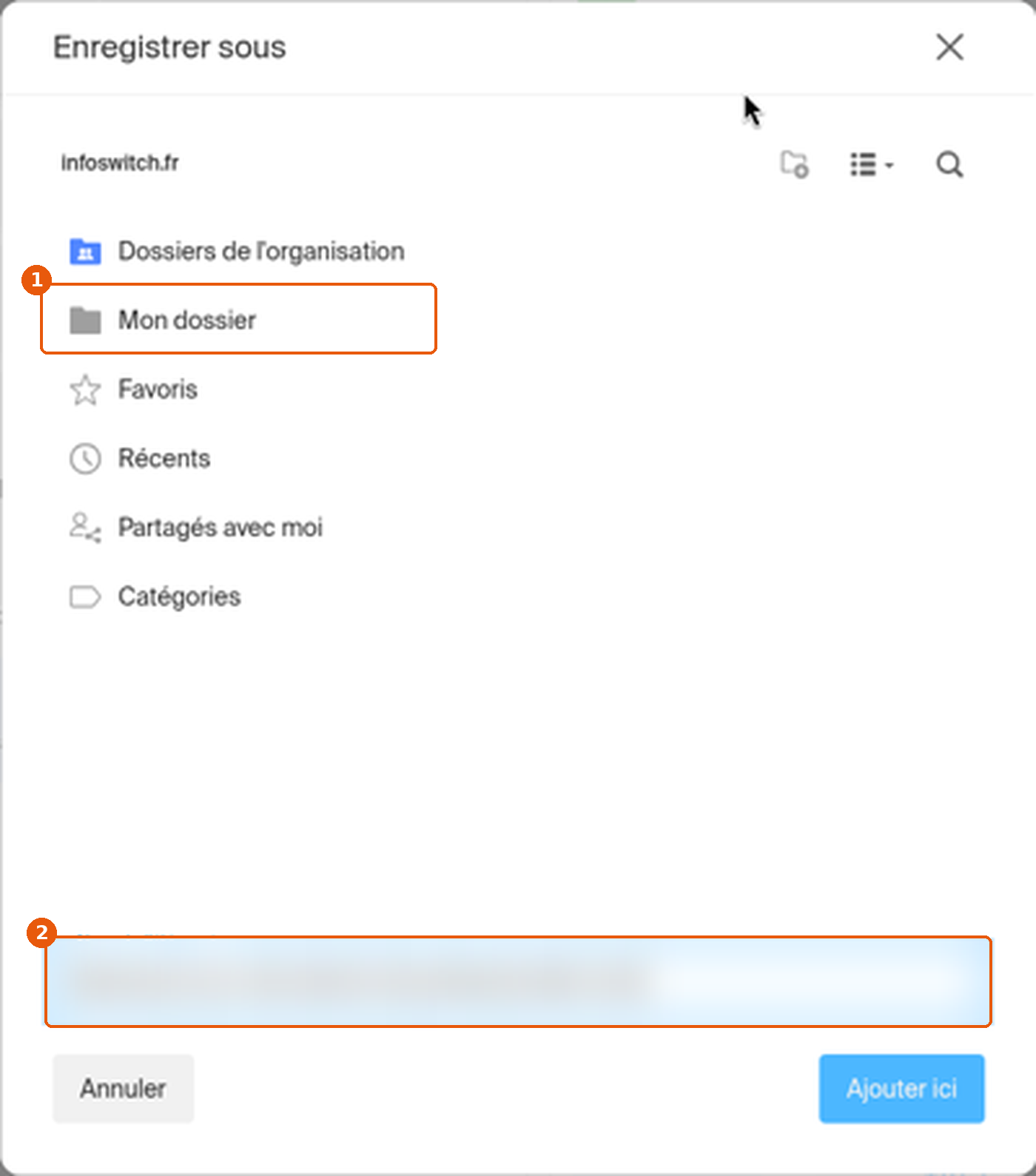 Fenêtre Enregistrer sous avec Mon dossier et le champ Nom de l'élément