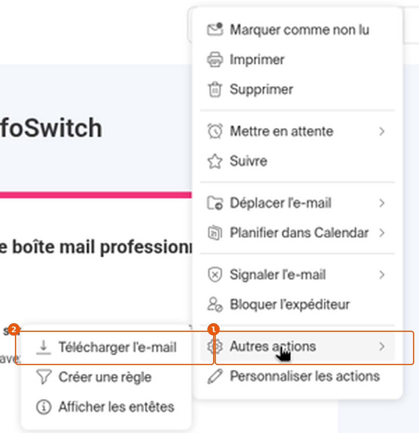 Menu Plus d'options, Autres actions, Télécharger l'e-mail
