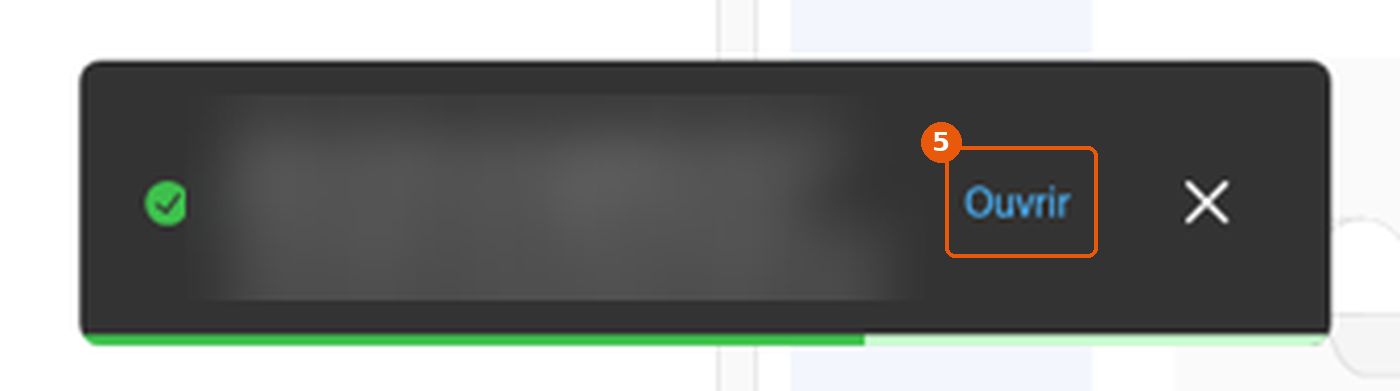 Notification d'enregistrement réussi avec le bouton Ouvrir