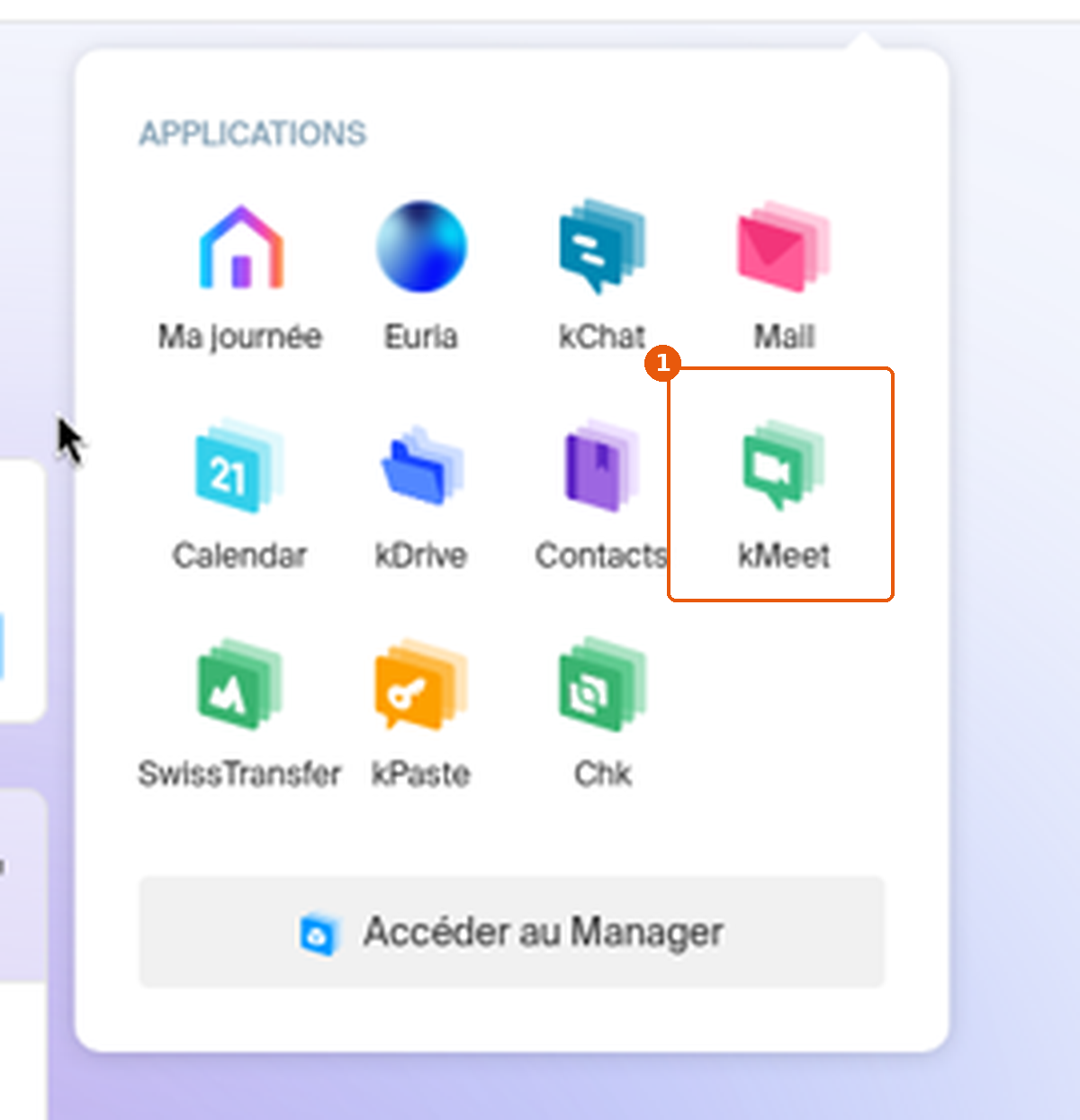 Menu des applications avec la tuile kMeet encadrée