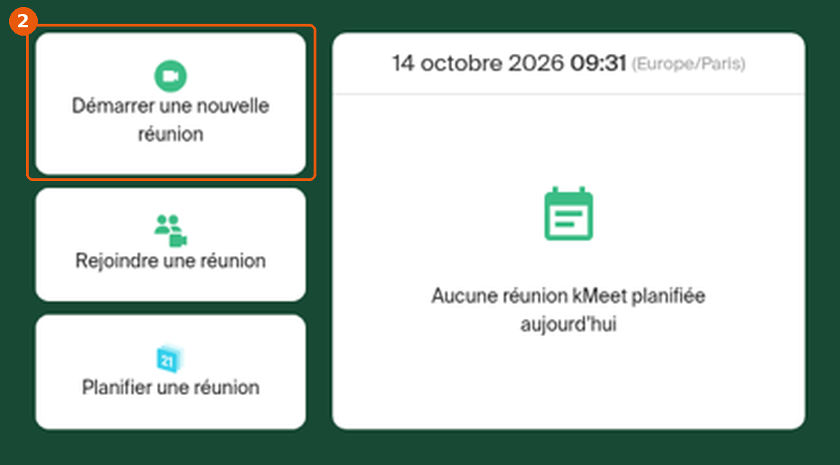 Accueil kMeet avec Démarrer une nouvelle réunion encadré