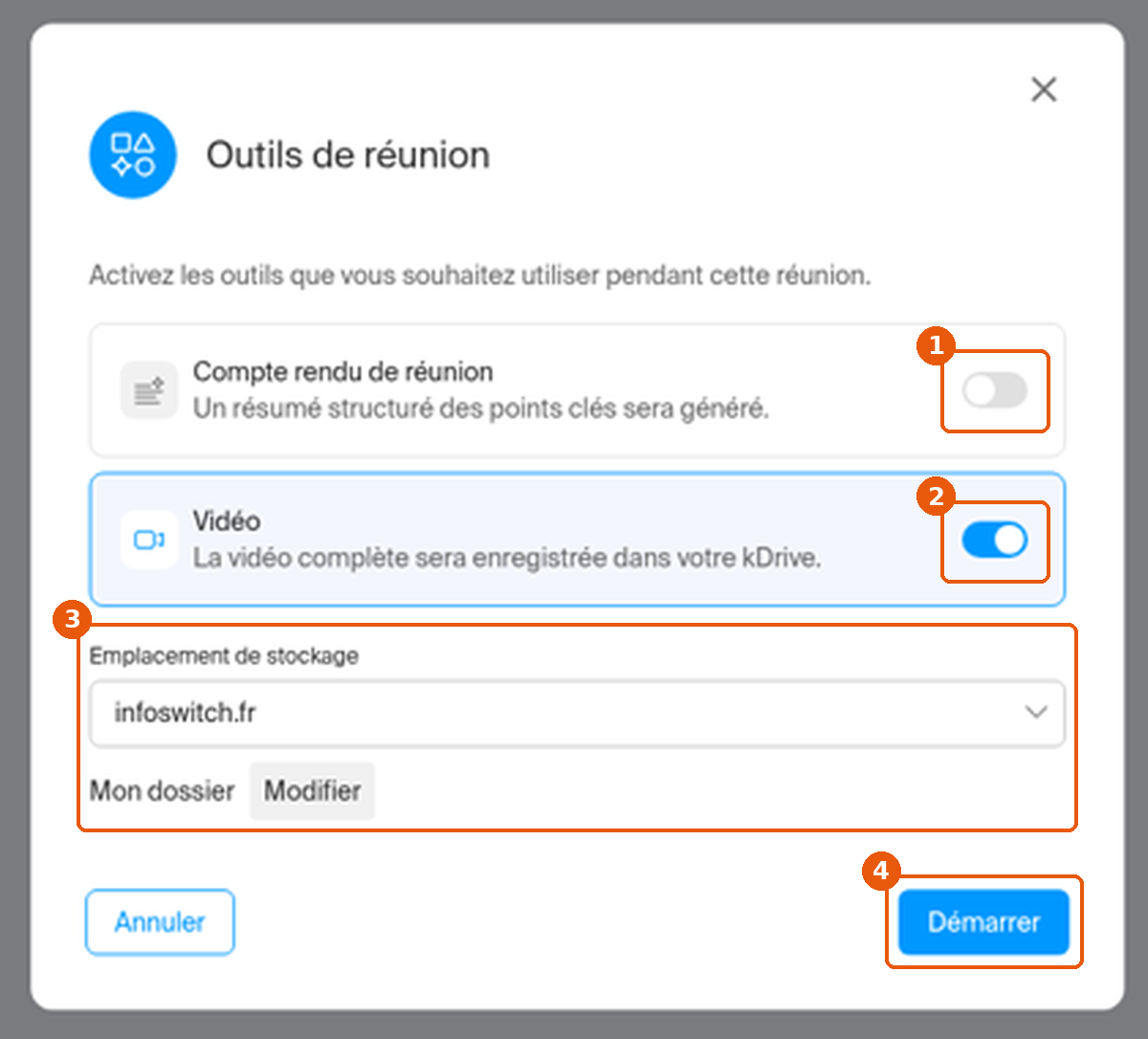 Fenêtre Outils de réunion avec les options, l'emplacement de stockage et Démarrer encadrés