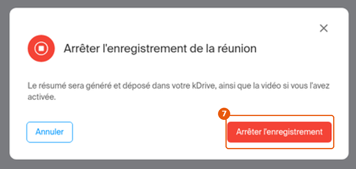 Fenêtre Arrêter l'enregistrement de la réunion avec le bouton de confirmation encadré