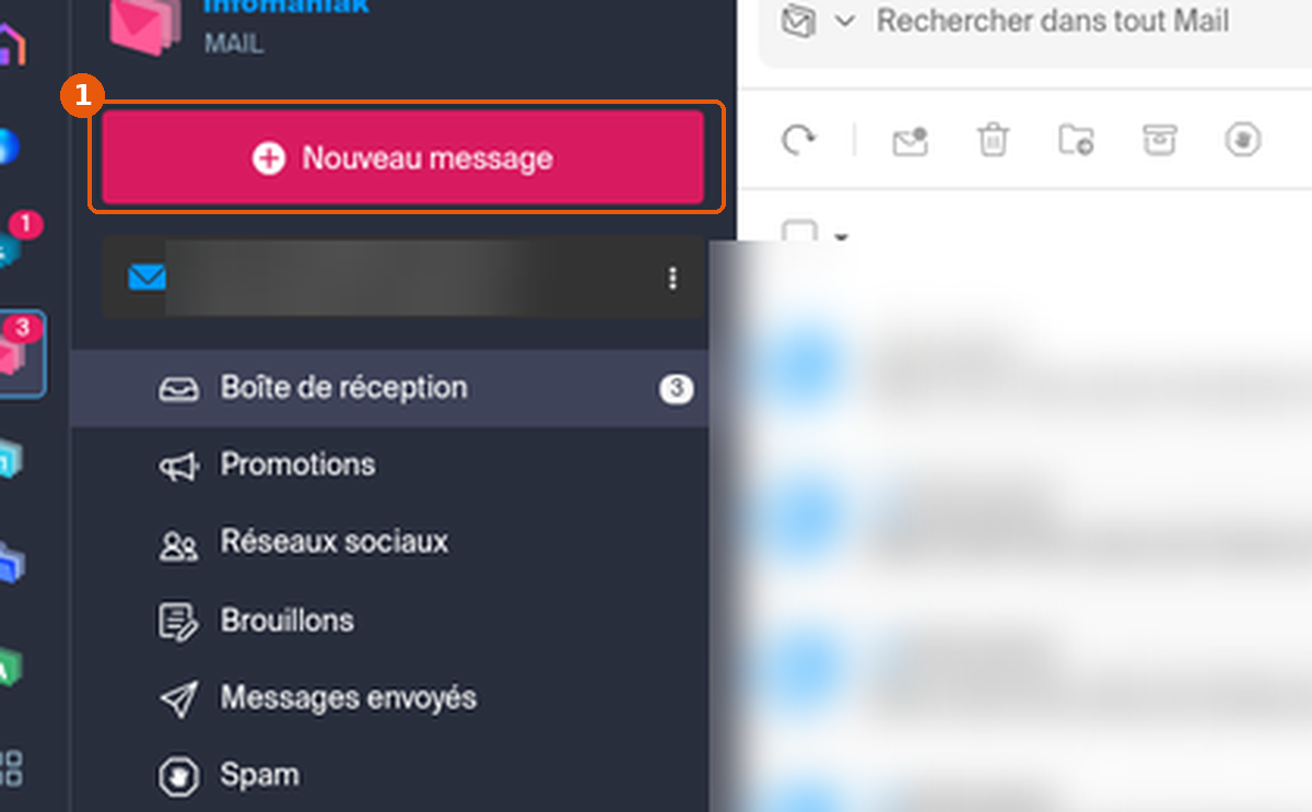 Infomaniak Mail : bouton Nouveau message encadré, adresse du compte et liste des messages floutées
