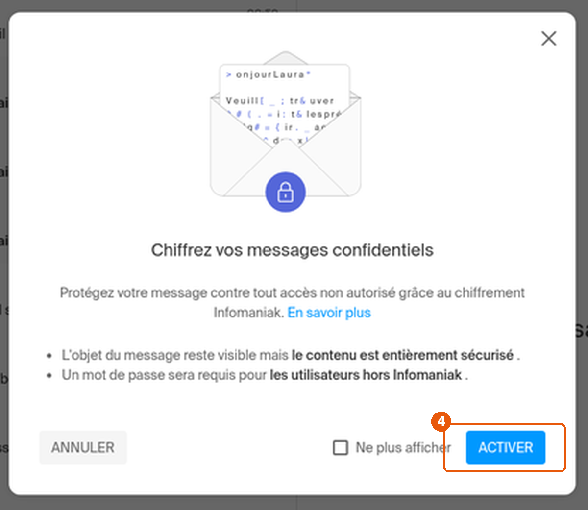 Fenêtre Chiffrez vos messages confidentiels avec les boutons ANNULER et ACTIVER, ACTIVER encadré