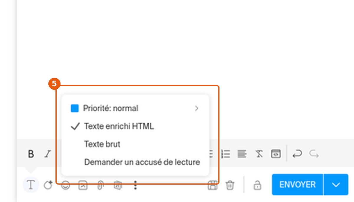 Menu Autres options de la fenêtre de rédaction : Priorité, Texte enrichi HTML, Texte brut, Demander un accusé de lecture