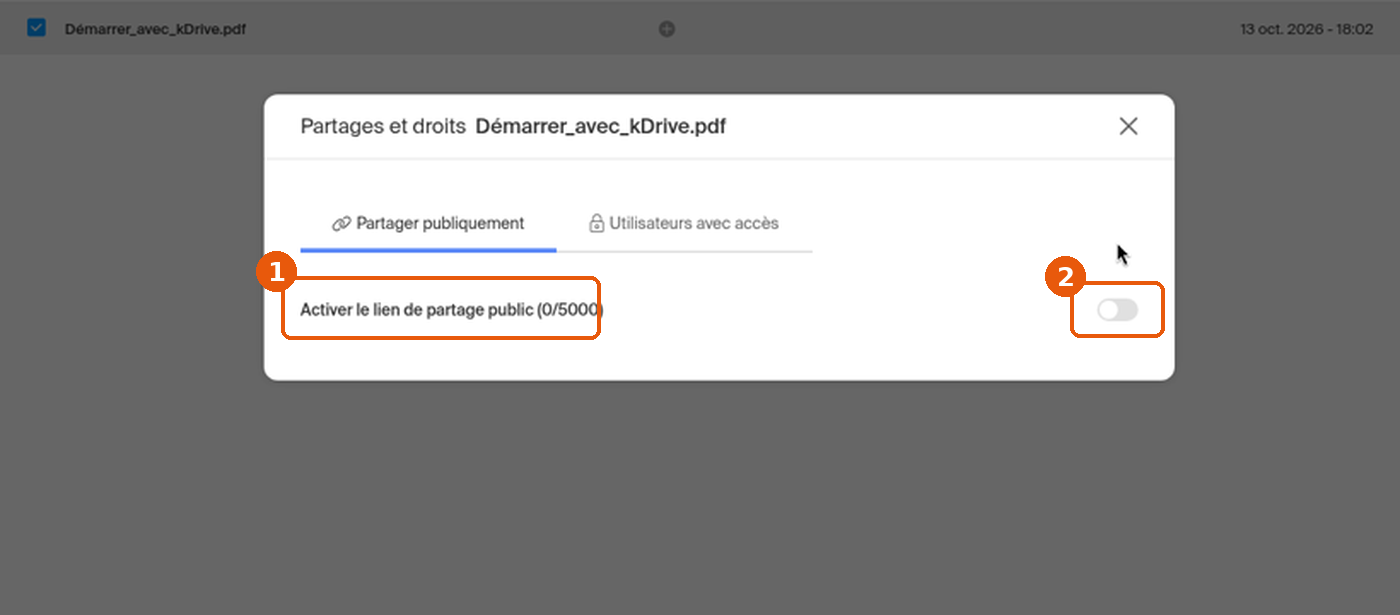Fenêtre Partages et droits avec l'interrupteur Activer le lien de partage public désactivé
