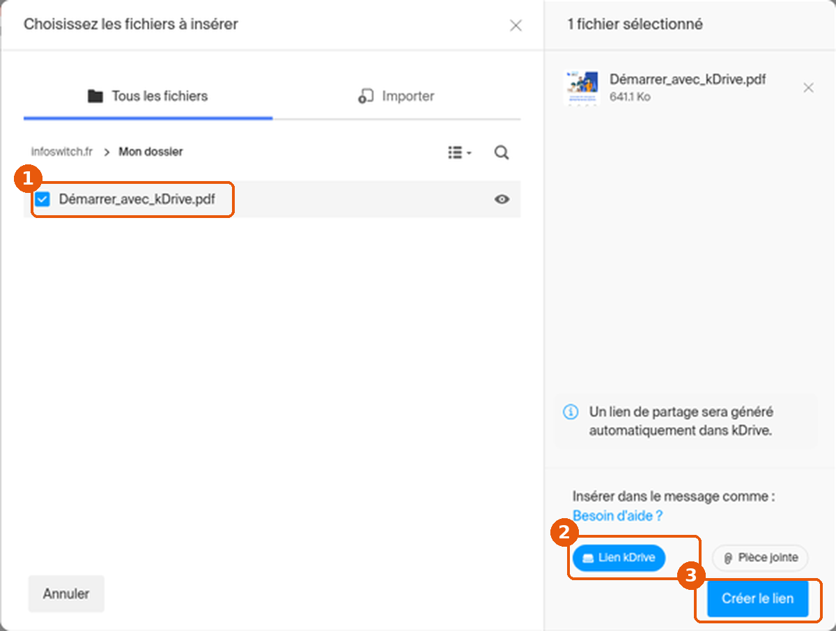 Fichier coché, option Lien kDrive et bouton Créer le lien encadrés