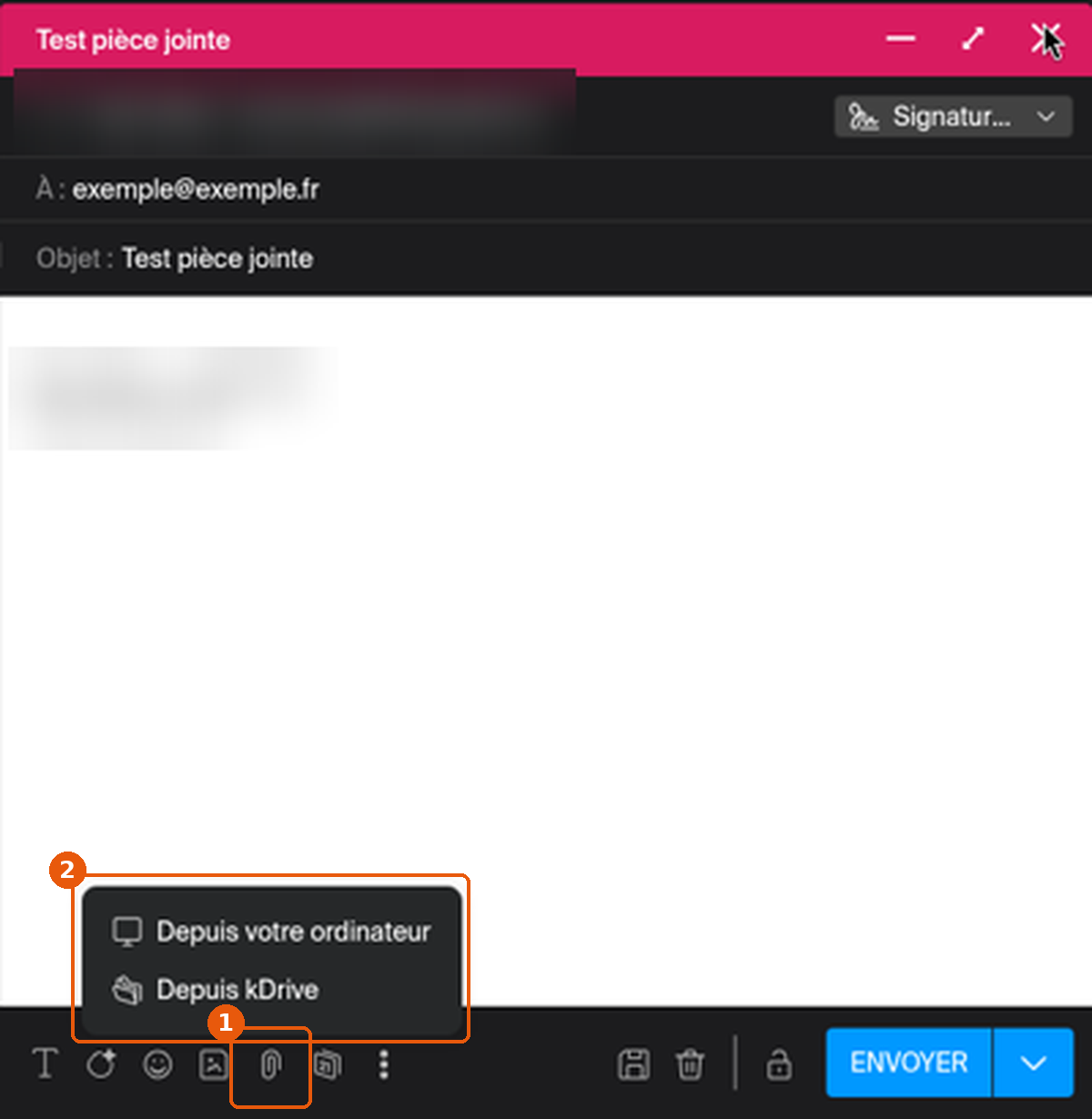 Trombone Joindre un fichier et menu avec Depuis votre ordinateur et Depuis kDrive