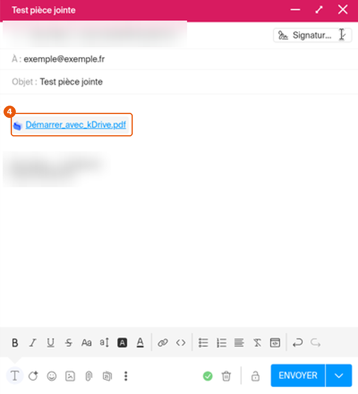 Brouillon avec le lien kDrive Démarrer_avec_kDrive.pdf inséré dans le corps du message