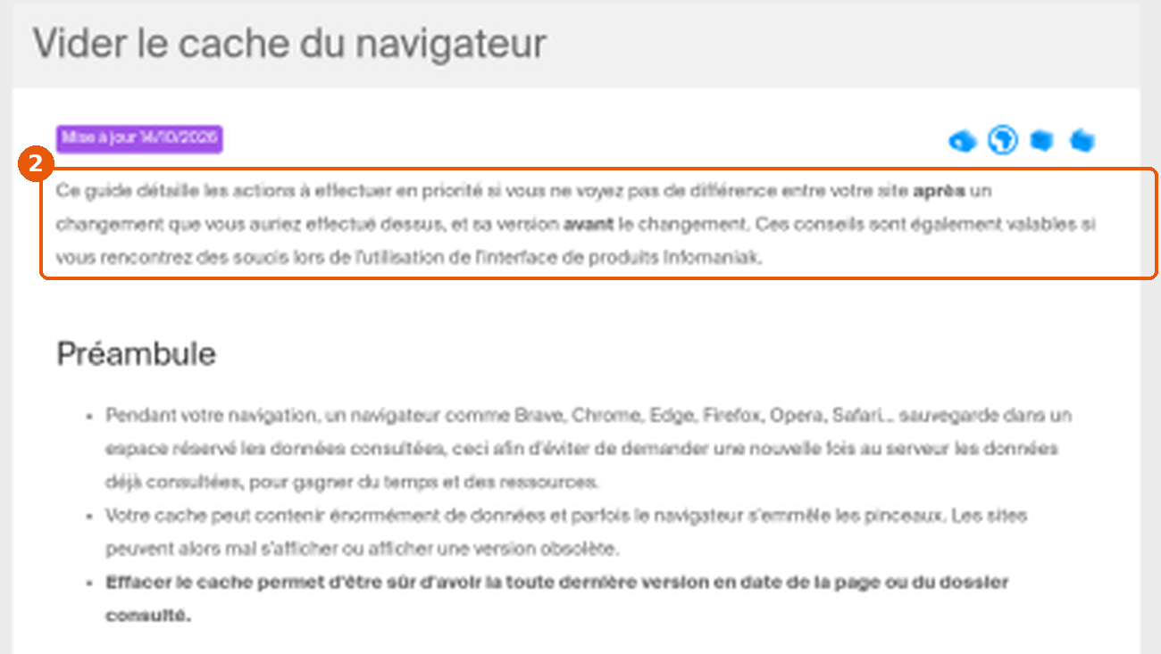 FAQ Infomaniak Vider le cache du navigateur : paragraphe d'introduction encadré (2)