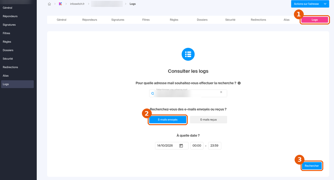 Onglet Logs d'une adresse dans le Manager, avec E-mails envoyés et le bouton Rechercher