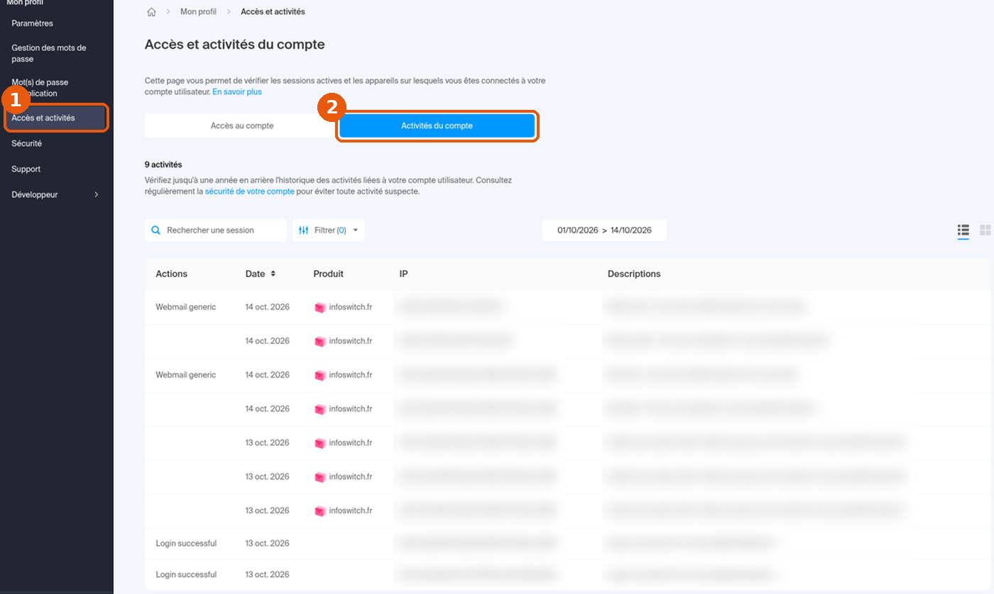 Onglet Activités du compte avec la liste des actions, dates et IP (floutées)