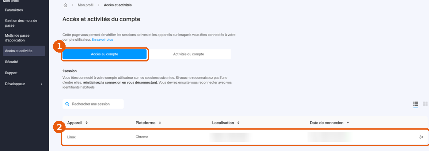 Onglet Accès au compte avec une session listée (localisation et date floutées)