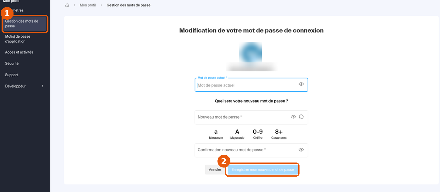 Formulaire Modification de votre mot de passe de connexion