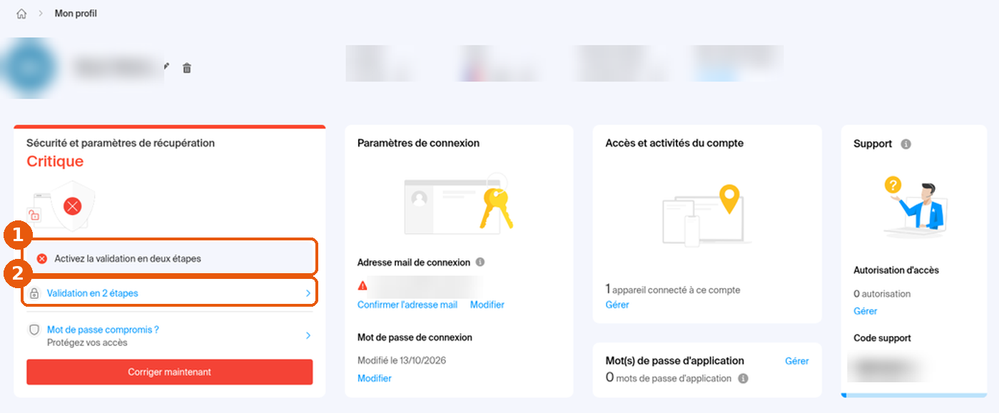 Carte Sécurité et paramètres de récupération avec le lien Validation en 2 étapes
