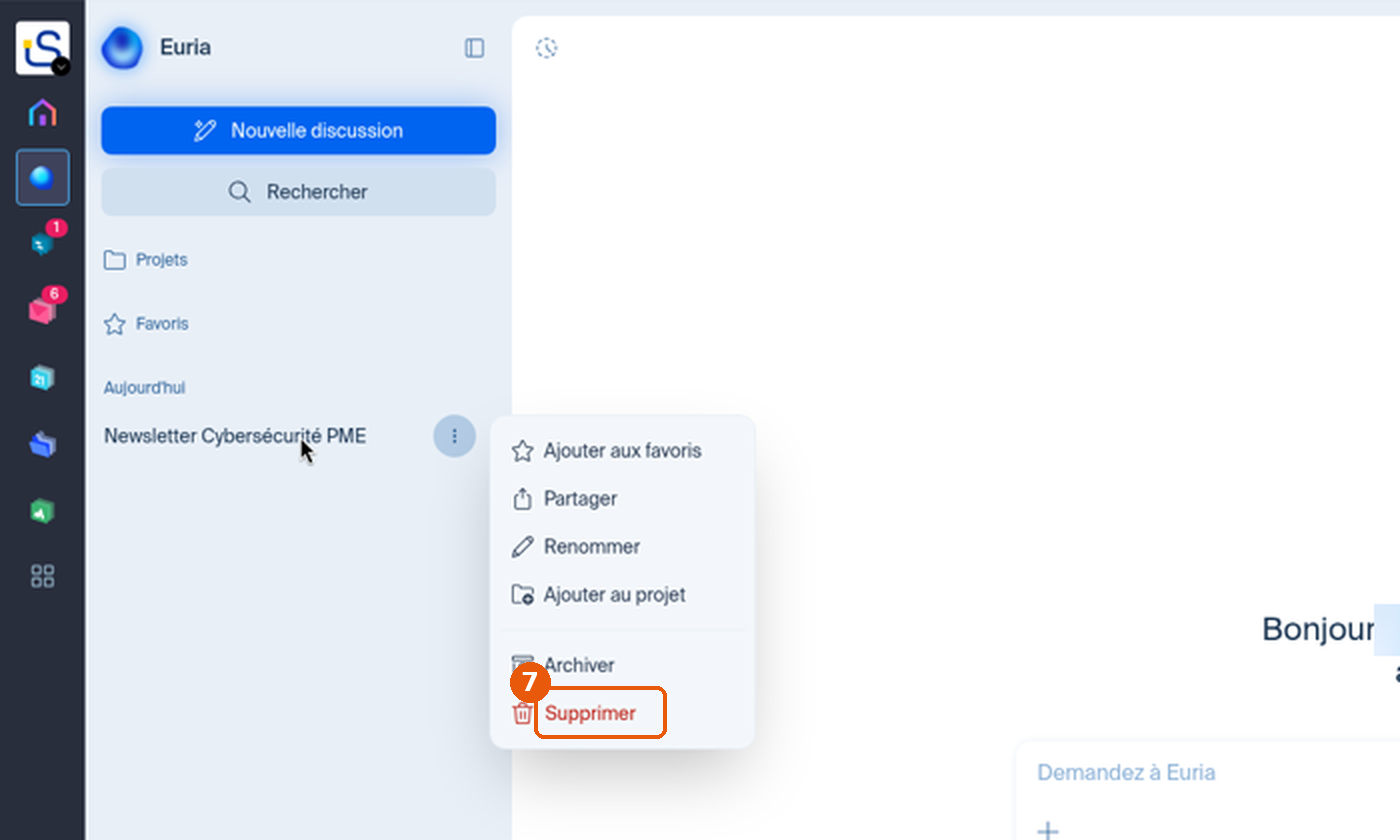 Menu d'une conversation avec l'option Supprimer encadrée