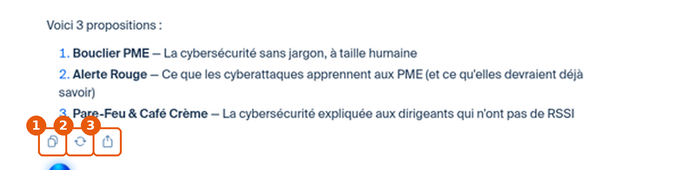Réponse d'Euria avec les icônes Copier, Régénérer et Partager encadrées