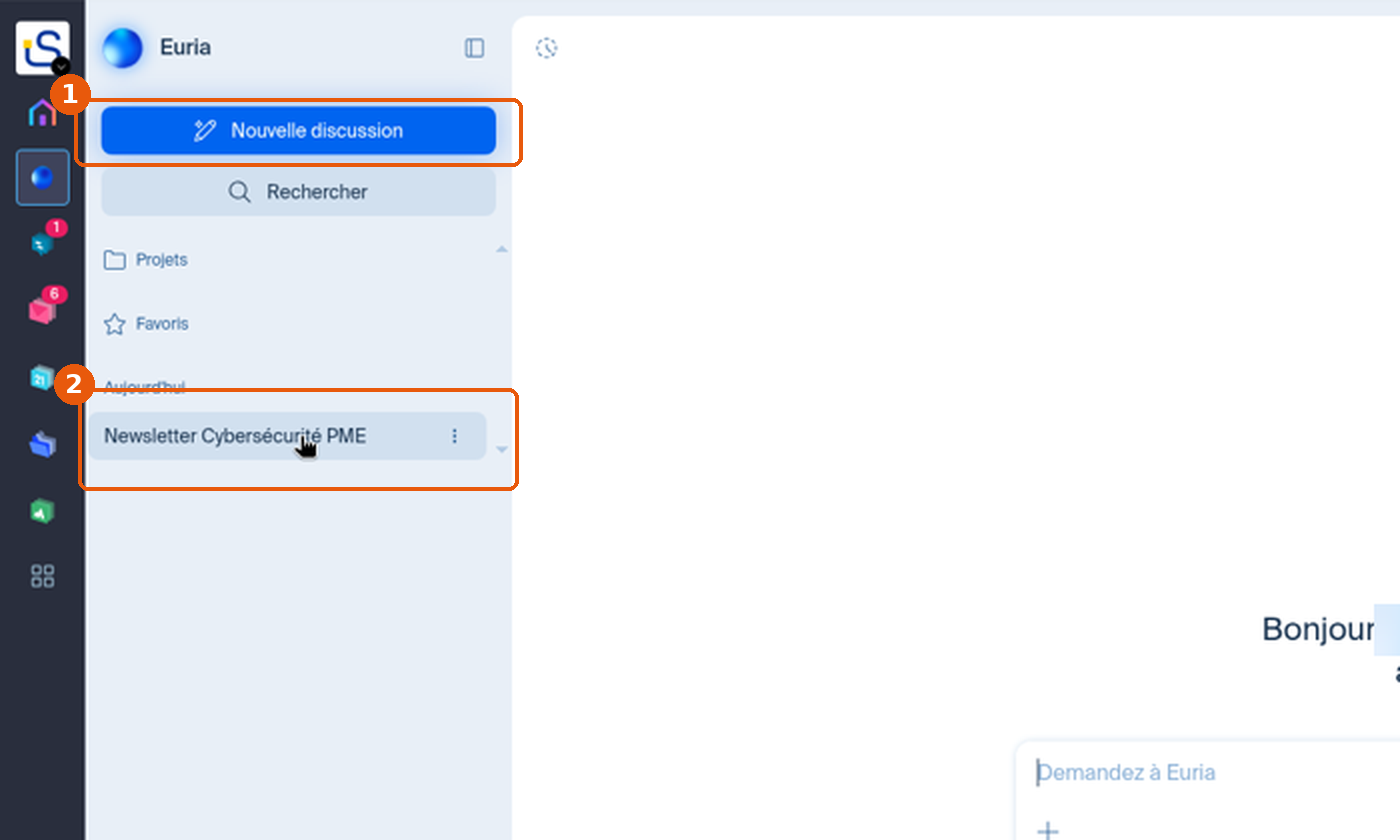 Bouton Nouvelle discussion et conversation dans l'historique encadrés