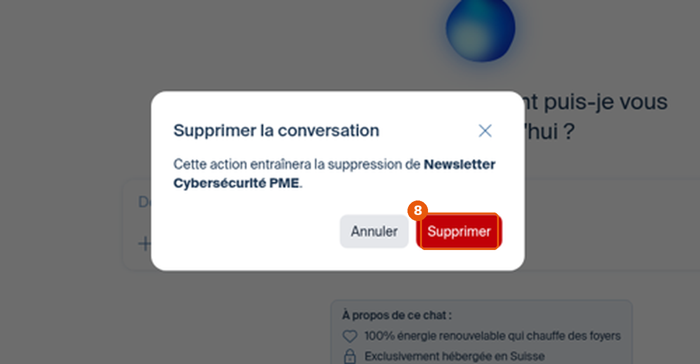 Fenêtre Supprimer la conversation avec le bouton Supprimer encadré