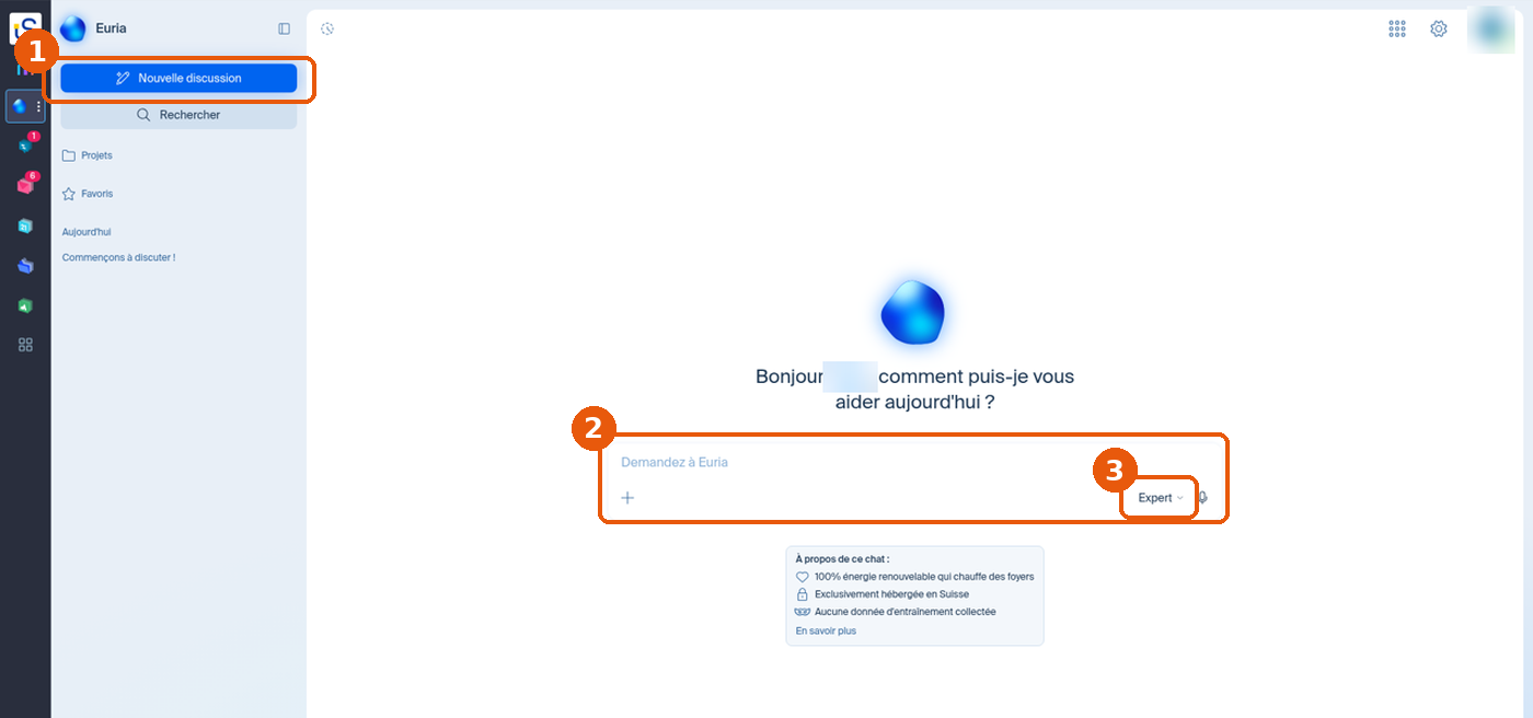 Écran d'accueil d'Euria avec Nouvelle discussion, le champ de saisie et le bouton Expert encadrés