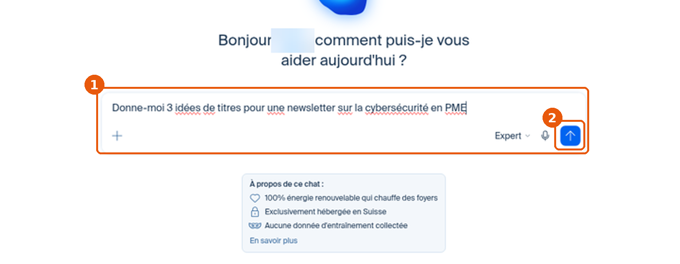 Question saisie dans le champ Demandez à Euria, flèche Envoyer encadrée