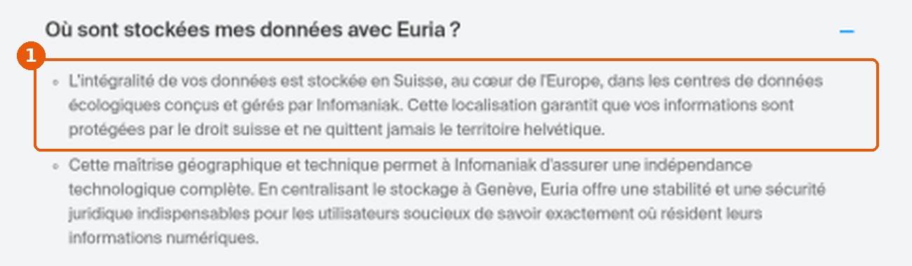 Réponse de la FAQ Infomaniak Où sont stockées mes données avec Euria, encadrée (1)