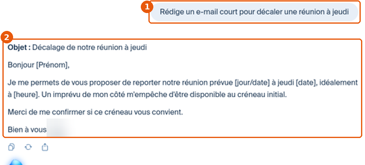Demande de test dans Euria (1) et réponse rédigée par Euria (2), signature floutée