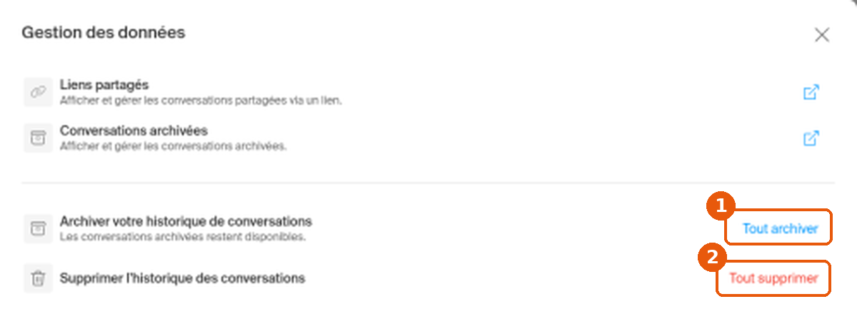 Panneau Gestion des données d'Euria : boutons Tout archiver (1) et Tout supprimer (2) encadrés