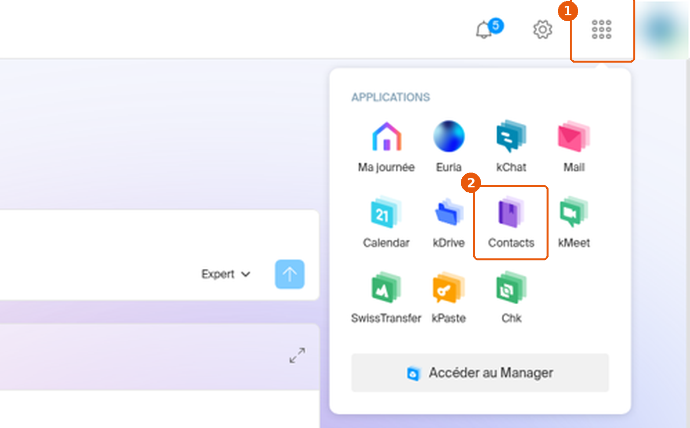 Menu des applications ouvert avec la tuile Contacts