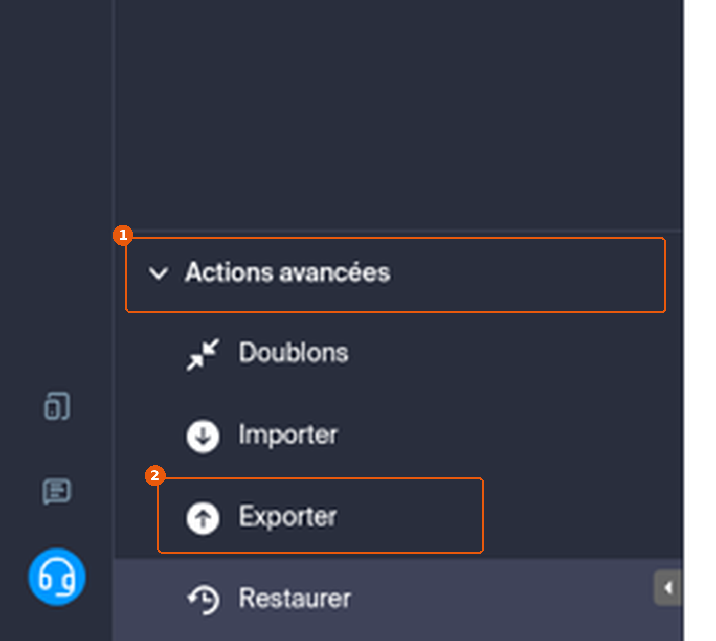 Bloc Actions avancées déplié avec Doublons, Importer, Exporter et Restaurer