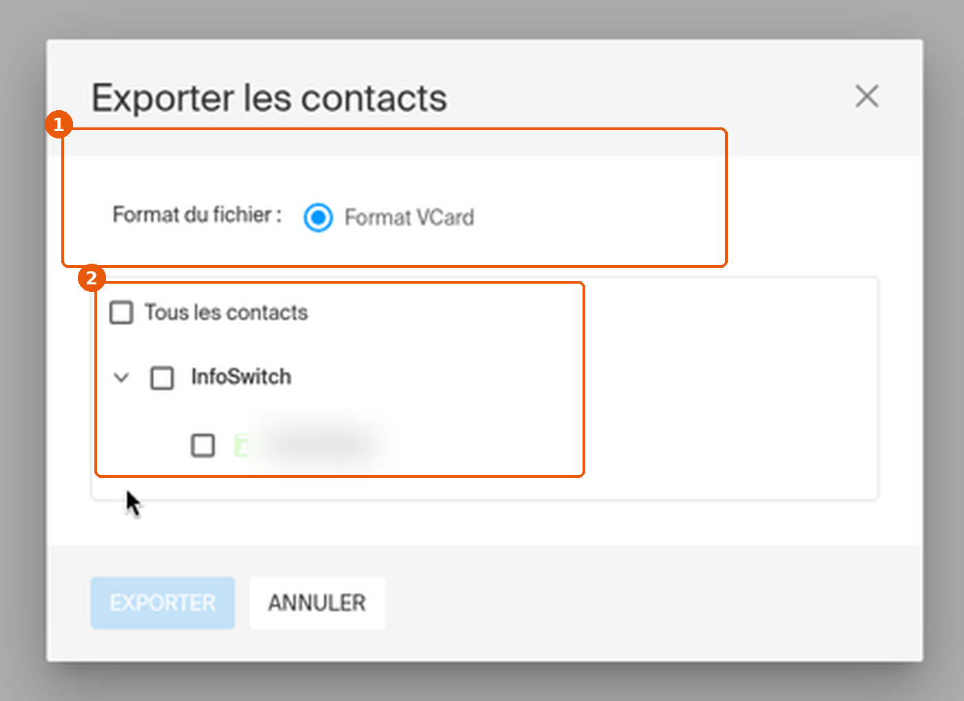 Fenêtre Exporter les contacts avec le Format VCard et l'arborescence des carnets