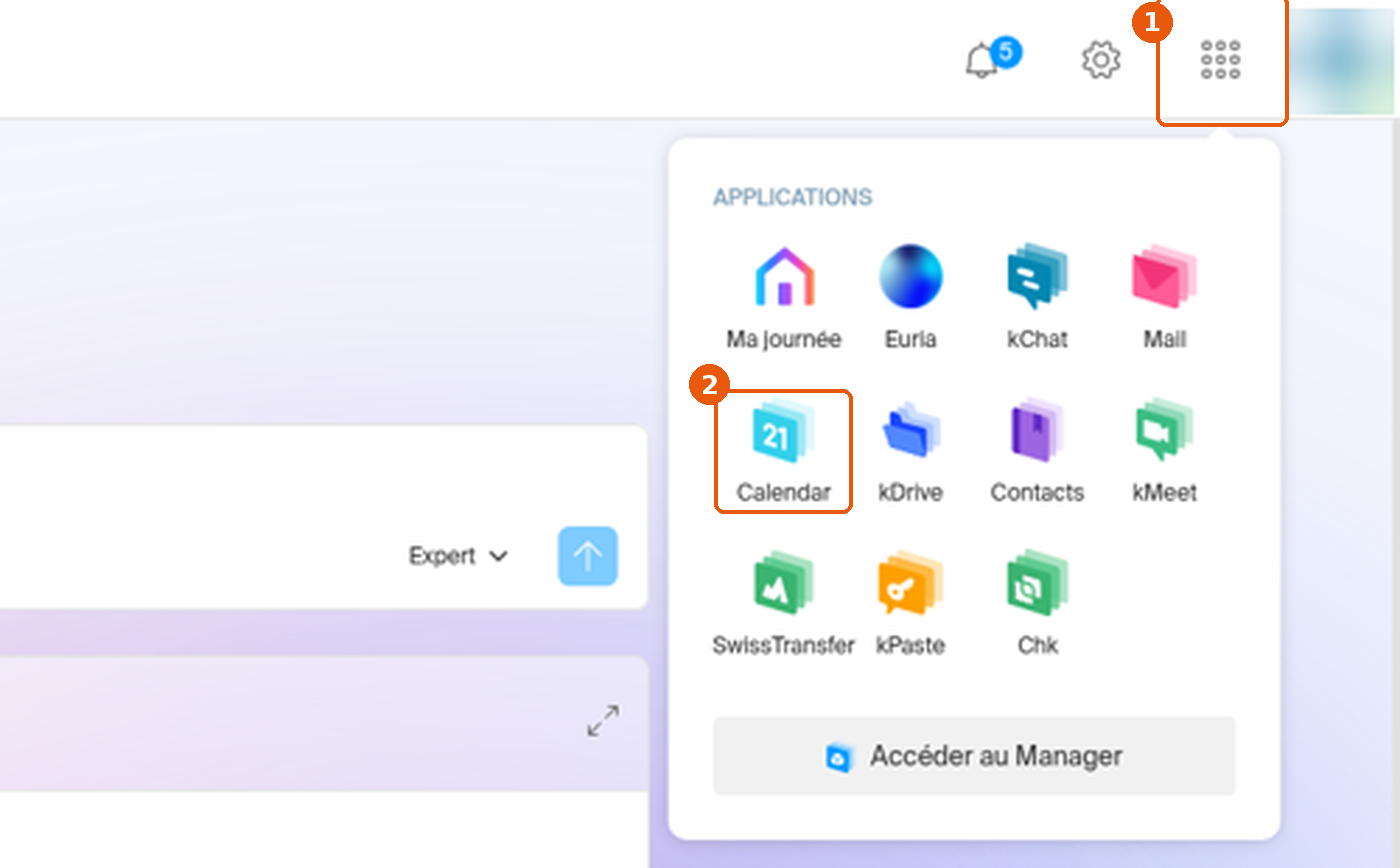 Menu des applications ouvert avec la tuile Calendar