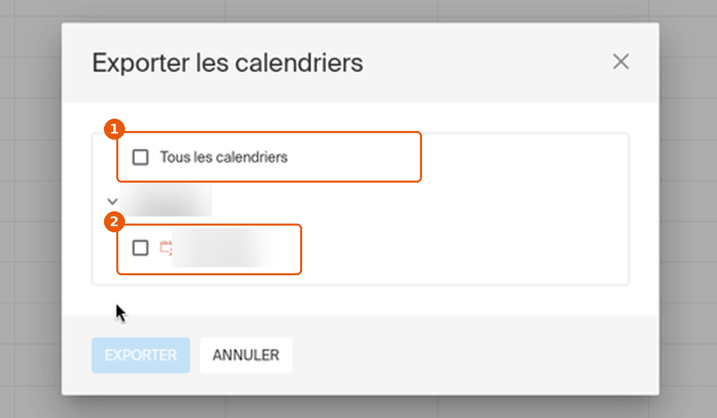 Fenêtre Exporter les calendriers avec les cases à cocher