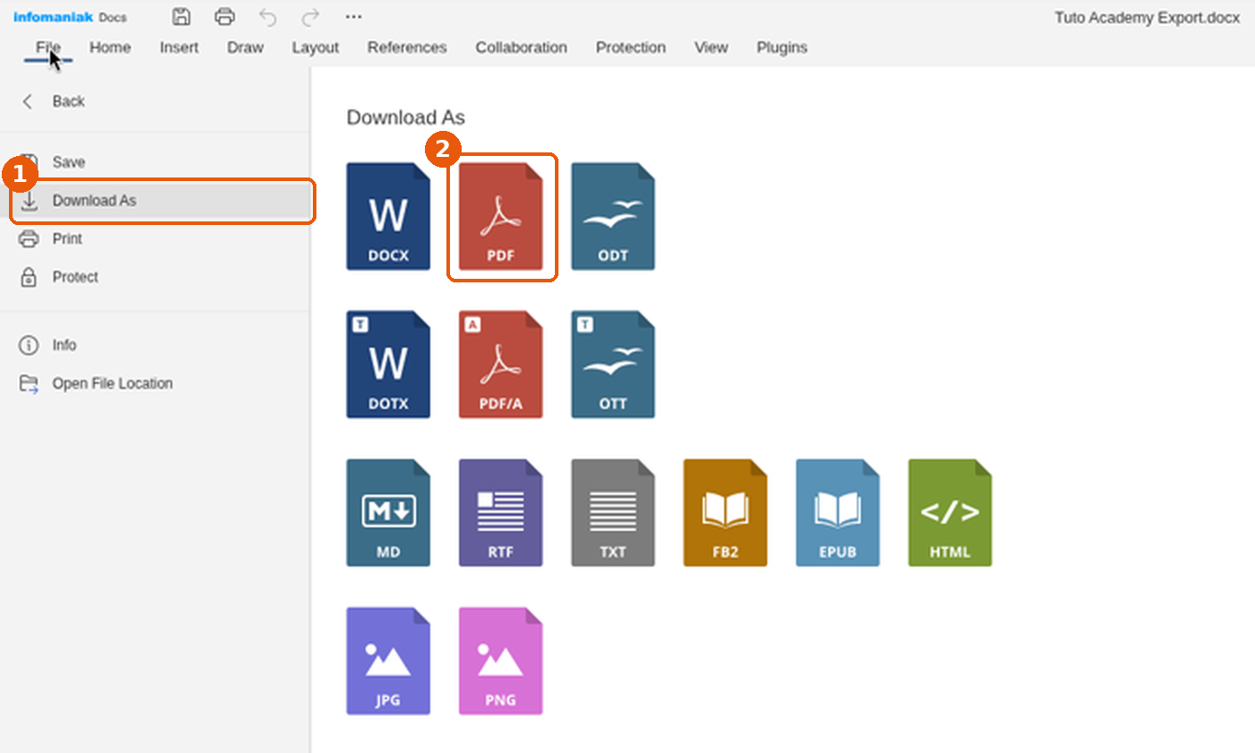 Panneau Download As avec l'entrée Download As et la vignette PDF encadrées